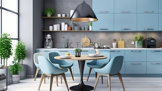 以蓝色椅子为背景的诱人现代厨房内部的 3D 渲染