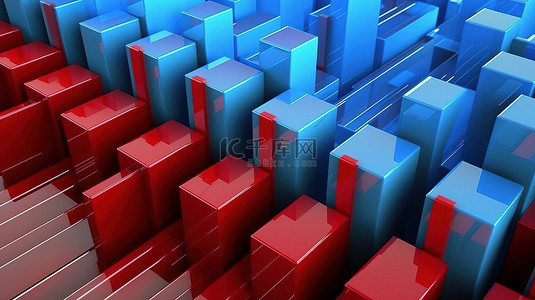 象征商业和金融的原理框图上蓝色和红色箭头的 3D 渲染