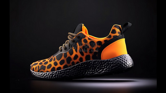 鞋子黑色背景图片_明亮时尚的 3D 渲染运动鞋，鞋底有动物印花，黑色和橙色