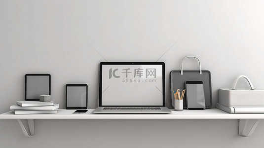 和平的家园背景图片_3D 插图中壁架笔记本电脑手机和平板电脑上的数字设备