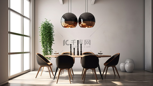 精致的简约餐厅，现代室内设计的 3D 渲染，配有豪华的桌椅