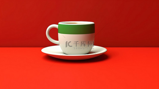 红色和绿色背景下的白咖啡杯的 3D 插图