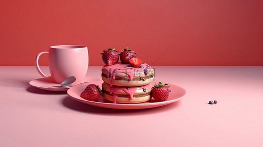 菜简约背景图片_粉红色背景下的美国小吃和咖啡与草莓蛋糕的简约 3D 插图