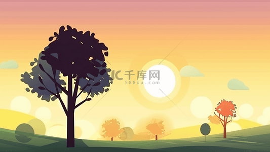 风景树太阳插画背景
