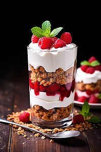 冻酸奶背景图片_两个冻糕，里面有格兰诺拉麦片覆盆子草莓和牛奶