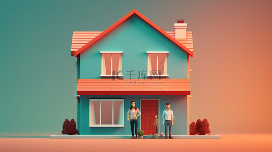 房子中介背景图片_新婚夫妇站在新家房地产横幅背景外，以 3D 插图表示