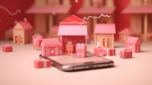 3D 渲染的礼品盒和智能手机上代表在线购物的位置服务符号