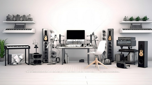 dj背景图片_白色背景下当代家庭录音室中电子仪器和设备的 3D 渲染