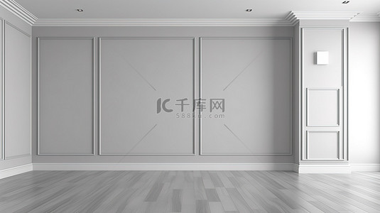 简单空间背景图片_空房间的简单空间 3D 渲染，配有白色木地板和灰色墙壁