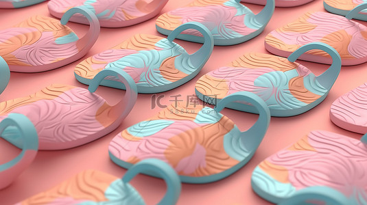 泳池的顶视图背景图片_带有图案人字拖的粉色柔和背景的 3D 渲染插图