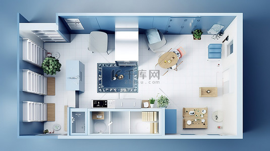 蓝色地毯背景图片_房子的现代室内装饰，令人惊叹的 3D 蓝色厨房鸟瞰图