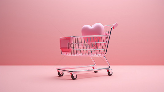 简约的情人节销售概念粉红色购物车，带有心形漂浮物，以 3D 渲染，隔离在柔和的背景上