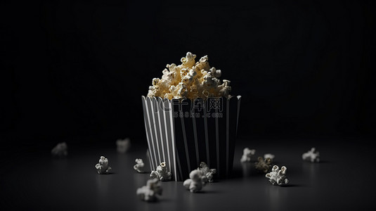 3d 中的金色单色爆米花盒呈现带有悬浮食物的电影小吃概念