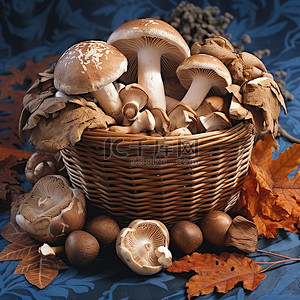 野生蘑菇背景图片_蓝色桌布上篮子里的野生蘑菇