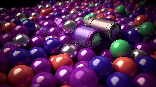 紫色背景 3D 渲染上电池周围的彩色球