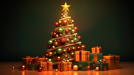 红色礼包背景图片_圣诞礼物以 3D 渲染中令人惊叹的 3D 树为特色