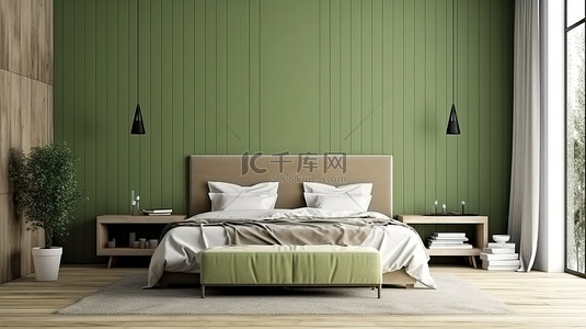 绿色的墙壁和木地板以 3D 方式装饰着这间现代复古卧室