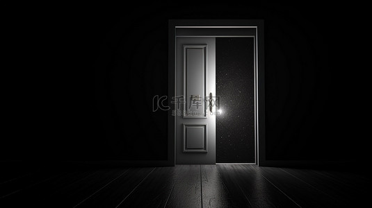 在黑暗的房间 3D 渲染中，光线从部分打开的门中渗出