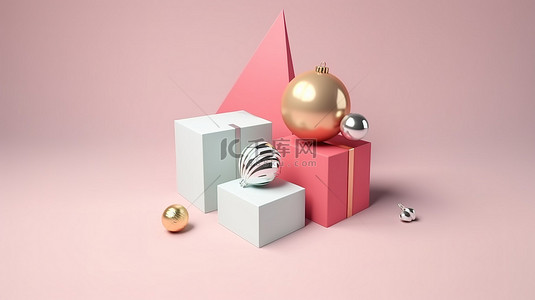 简约3D设计圣诞装饰品节日礼盒渲染