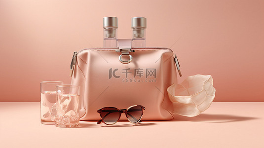 米色柔和的背景，包括时尚配饰套装的 3D 渲染，包括包太阳镜和香水
