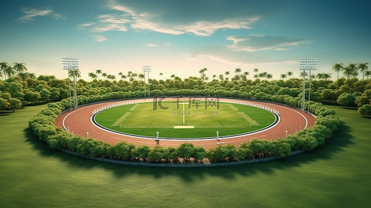 板球场的 3D 插图，有郁郁葱葱的绿色球场和外场