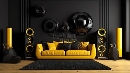 家具音响背景图片_时尚的黑色内饰，配有现代音响系统充满活力的黄色口音和样机家具 3D 渲染