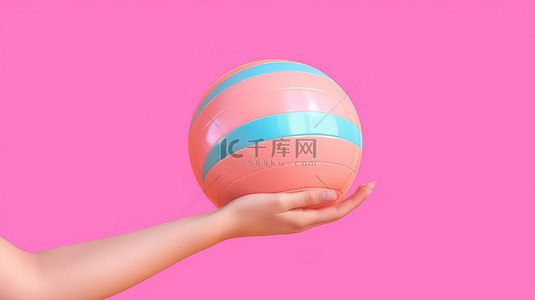 周末狂欢送背景图片_粉红色背景的 3D 渲染，双手伸向沙滩球