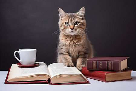 棕色的猫坐在书杯和书旁边