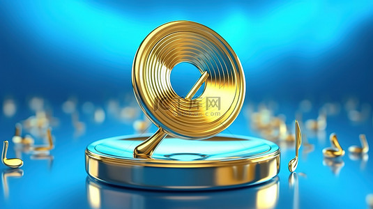 彩色音乐背景背景图片_蓝色背景的 3D 插图，带有金色音乐奖和音符