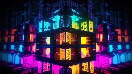 彩色霓虹灯显示屏中发光立方体块的对称装饰 4k UHD 3D 插图