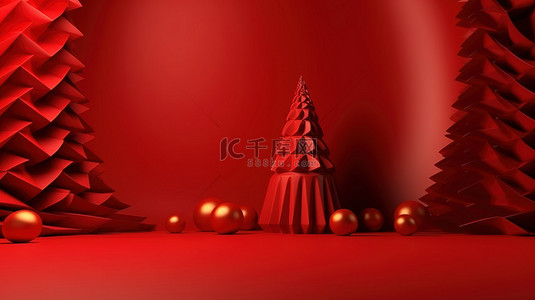 效果圣诞树背景图片_红色背景上优雅的 3D 圣诞树插图，非常适合冬季假期