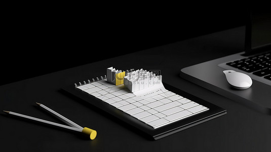 黑色背景上空白便签纸笔和键盘的 3D 渲染，具有充足的复制空间