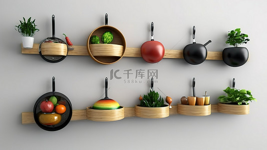 3D 渲染中挂在墙上的带有厨具和调味料的锅