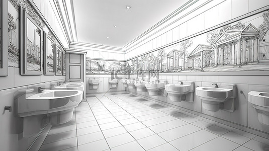 素描艾草背景图片_浴室轮廓可视化 3D 轮廓草图