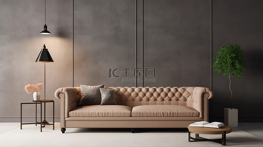 当代经典客厅 3D 渲染，配有中性米色沙发和灰色墙壁空间