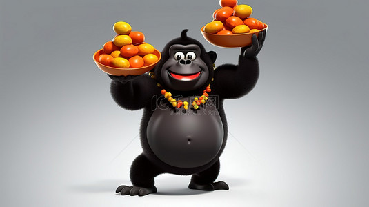 搞笑的 3D 大猩猩用古怪的性格玩弄食物