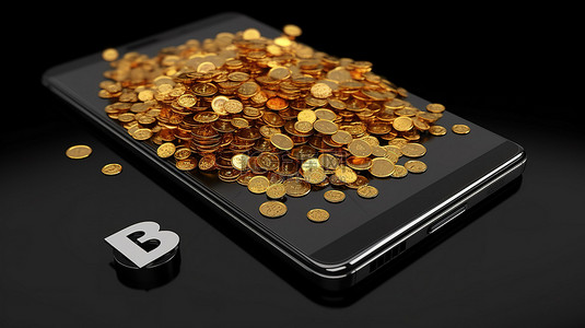 手机显示购买按钮以及区块链比特币的 3d 渲染 b 硬币堆栈