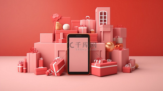 售卡背景图片_代表在线购物商店的商业在线概念智能手机和礼品盒的 3D 渲染