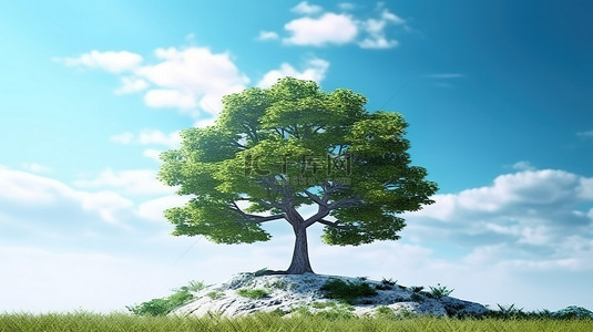 绿色草地天空背景图片_风景如画的蓝天中的巨树令人惊叹的自然和景观 3D 渲染