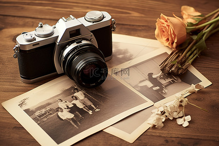 牛皮纸背景图片_桌上放着一台旧相机和照片