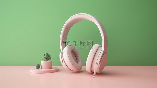 时尚的粉色背景与 3D 渲染的绿色和白色耳机