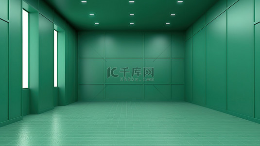 样机墙背景图片_内部空荡荡的绿色房间中样机墙的 3D 渲染背景