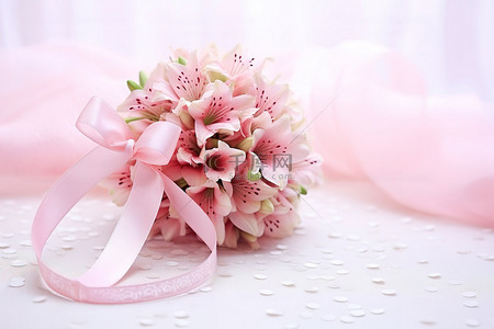 粉红花束和粉红丝带的幸福婚礼