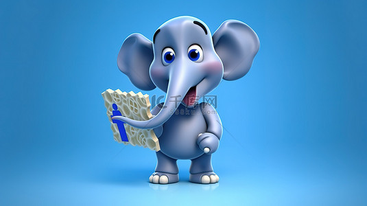 插图 3D 大象拿着欧元符号玩得很开心