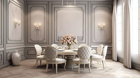 古典墙壁装饰背景图片_优雅而现代的现代古典客房配有时尚的餐桌 3D 渲染