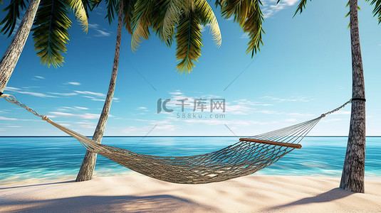 热带海水背景图片_热带天堂沙滩上棕榈树吊床的 3D 渲染