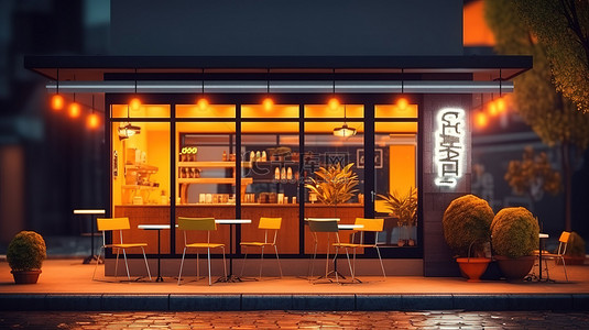 咖啡馆或餐厅户外座位区的 3D 插图