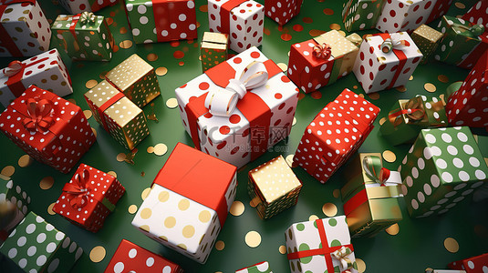 红色白色蓝色背景图片_圣诞节和新年概念红色白色和金色礼盒，带状图案漂浮在 3D 渲染的绿色背景上