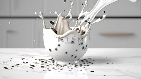 杯子将牛奶洒到白色桌子上的 3D 渲染
