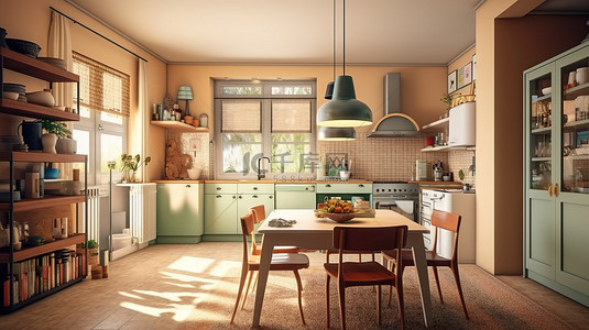 复古风格公寓 3D 渲染明亮的厨房和用餐区，配有高质量插图